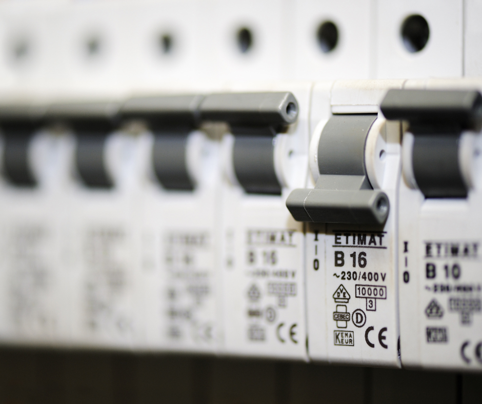 Close-up of domestic circuit breakers showing B16/B10 ratings